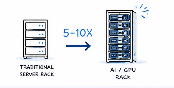 Illustration: AI and GPU racks draw 5–10x the power of a traditional server rack